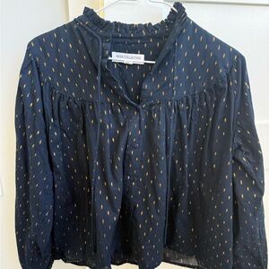 Navy Blue Metallic Dot Button-Front Blouse